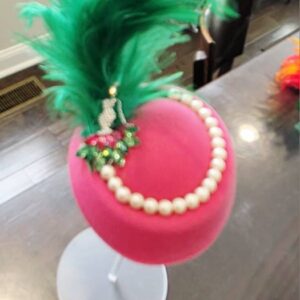 Preakness Fascinator - Pink Base with Green Feather Plume & Pearl Embellishments
